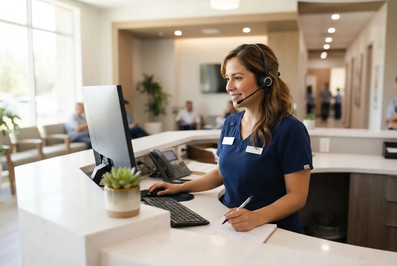 An office manager reviews a claim on the phone at a clinic front desk
