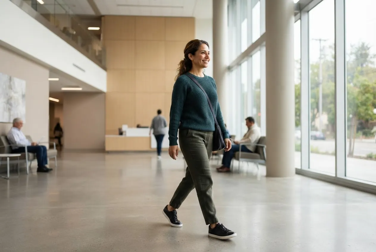 A woman walks confidently through a bright medical building lobby