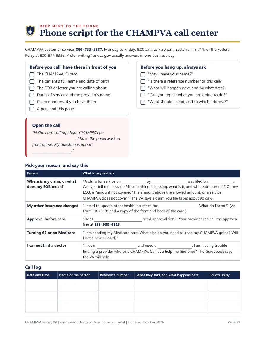 The phone script for the CHAMPVA call center, with a call log