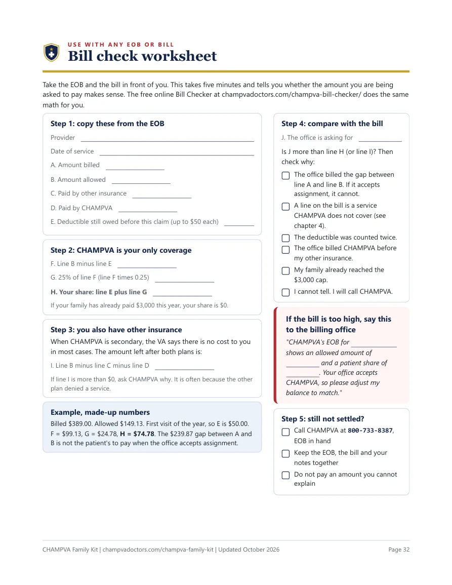 The bill check worksheet, a printable page with steps and blanks