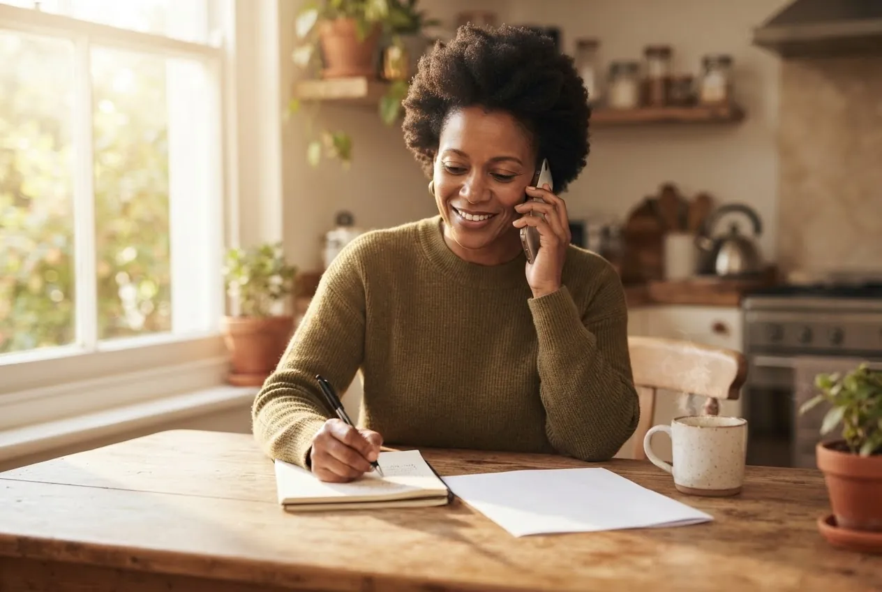 A woman takes notes at her kitchen table while on the phone with a specialist's office