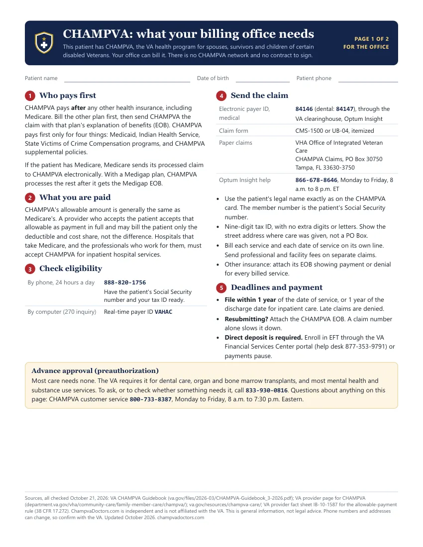 Page 1 of the sheet, for the billing office: who pays first, what you are paid, eligibility, claims and deadlines