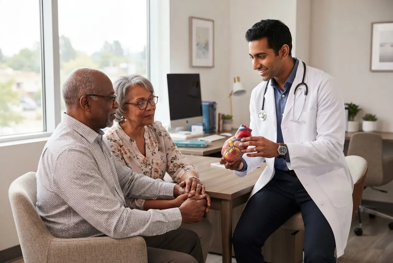A cardiologist explains a heart model to an older couple in a consultation office