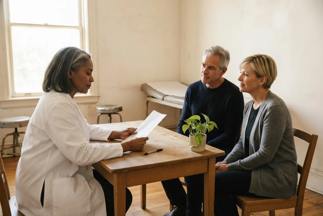 A physician reviews a paper chart with a couple at a desk in a bright consultation room