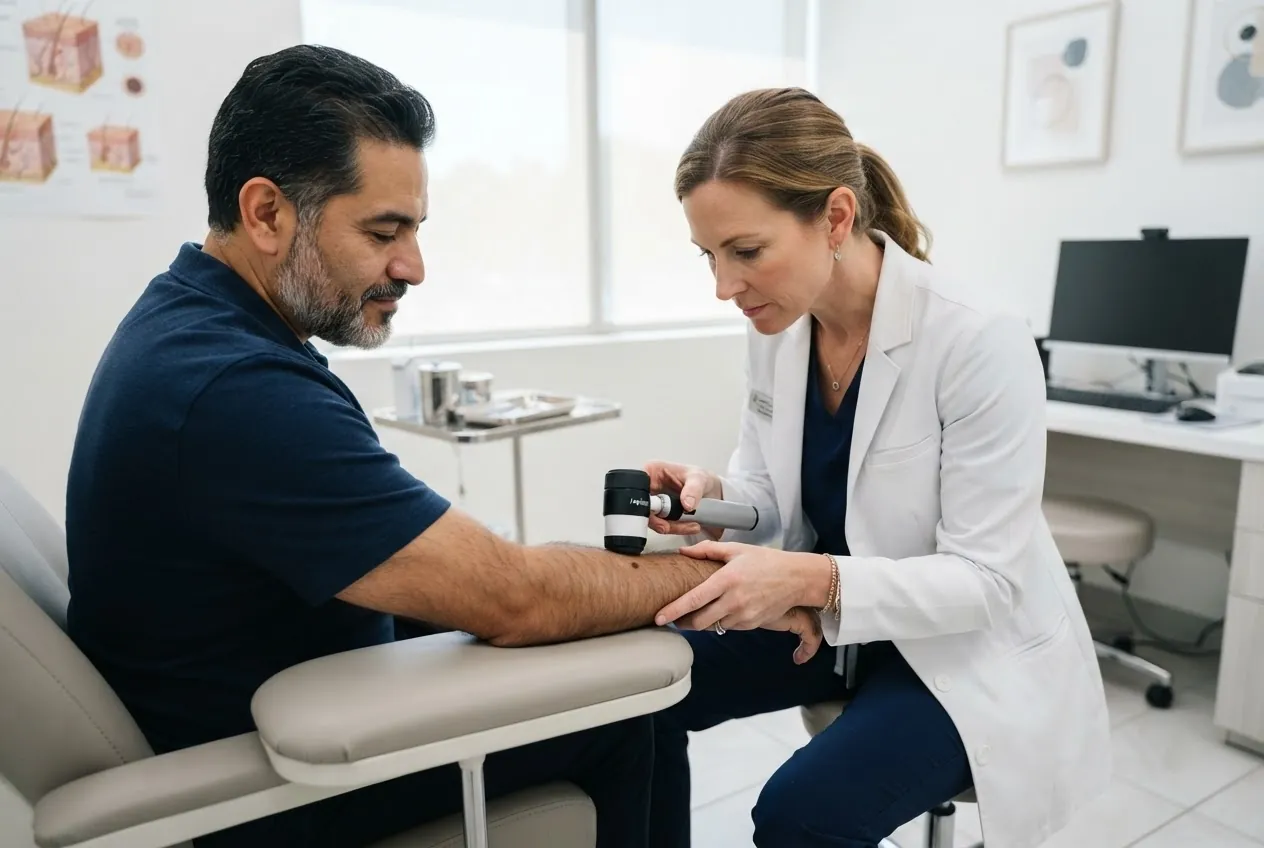 A dermatologist examines a patient's forearm with a dermatoscope in a bright clinic room