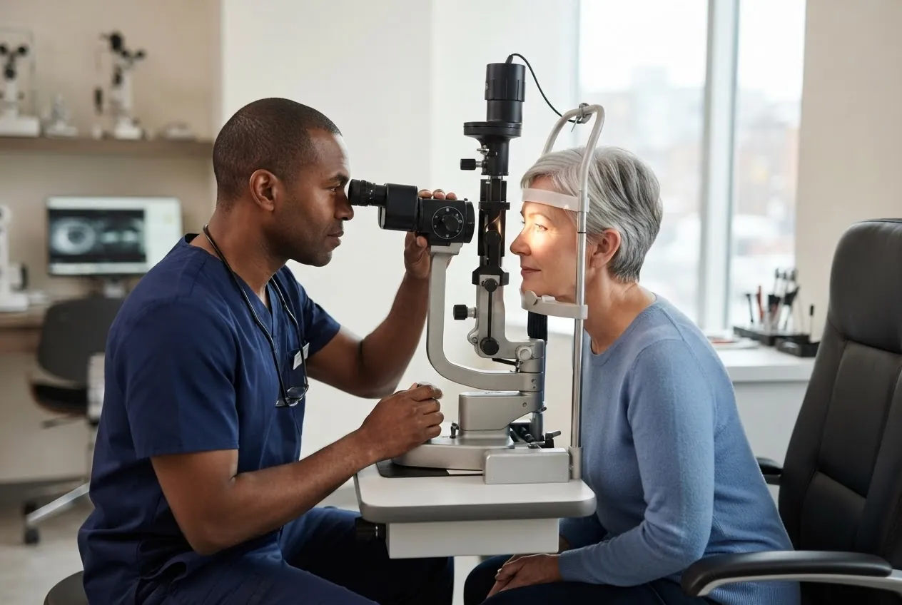 An optometrist examines a patient's eyes with a slit lamp