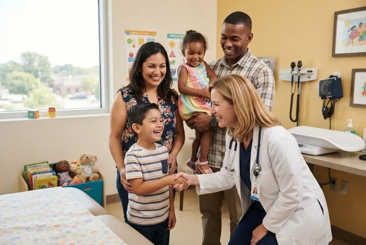 A family doctor greets a military family with two young children in a bright exam room