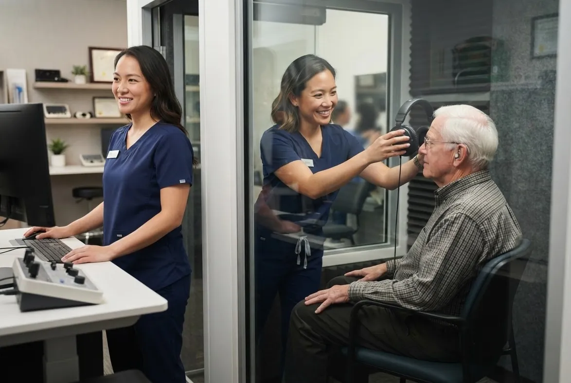 An audiologist fits headphones on an older patient in a hearing test booth