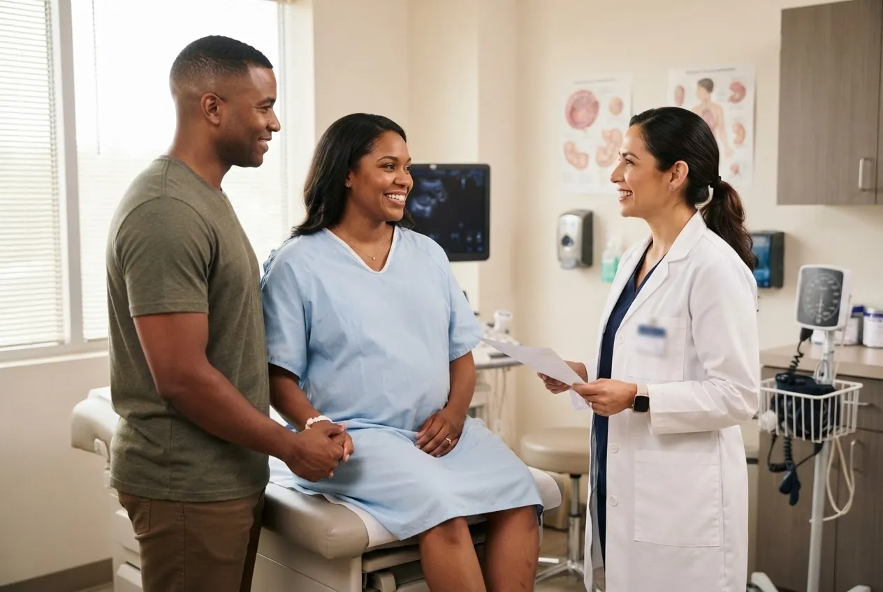 An OB-GYN talks with an expecting couple in a bright exam room