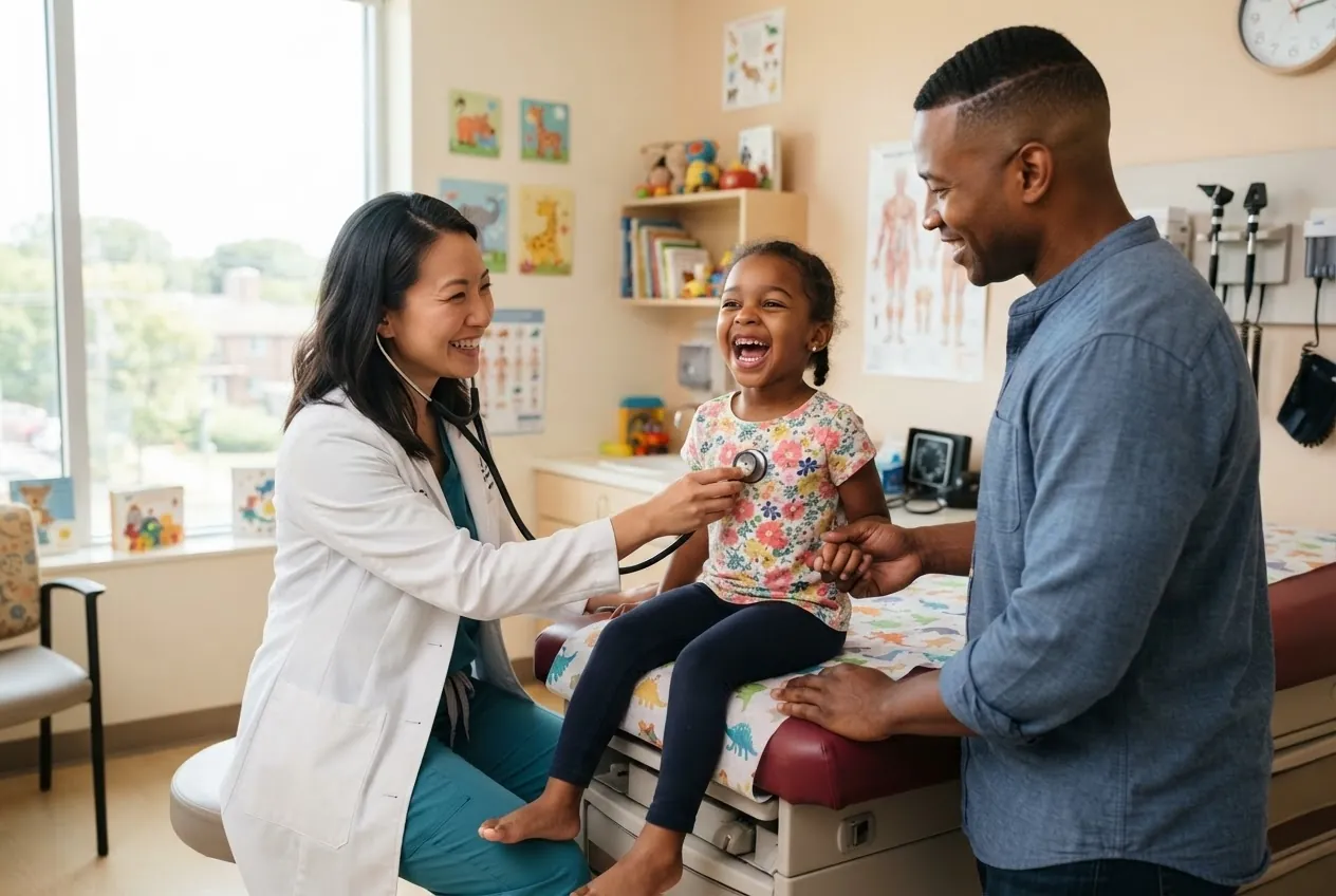 A pediatrician listens to a laughing young girl's heartbeat while her father holds her hand