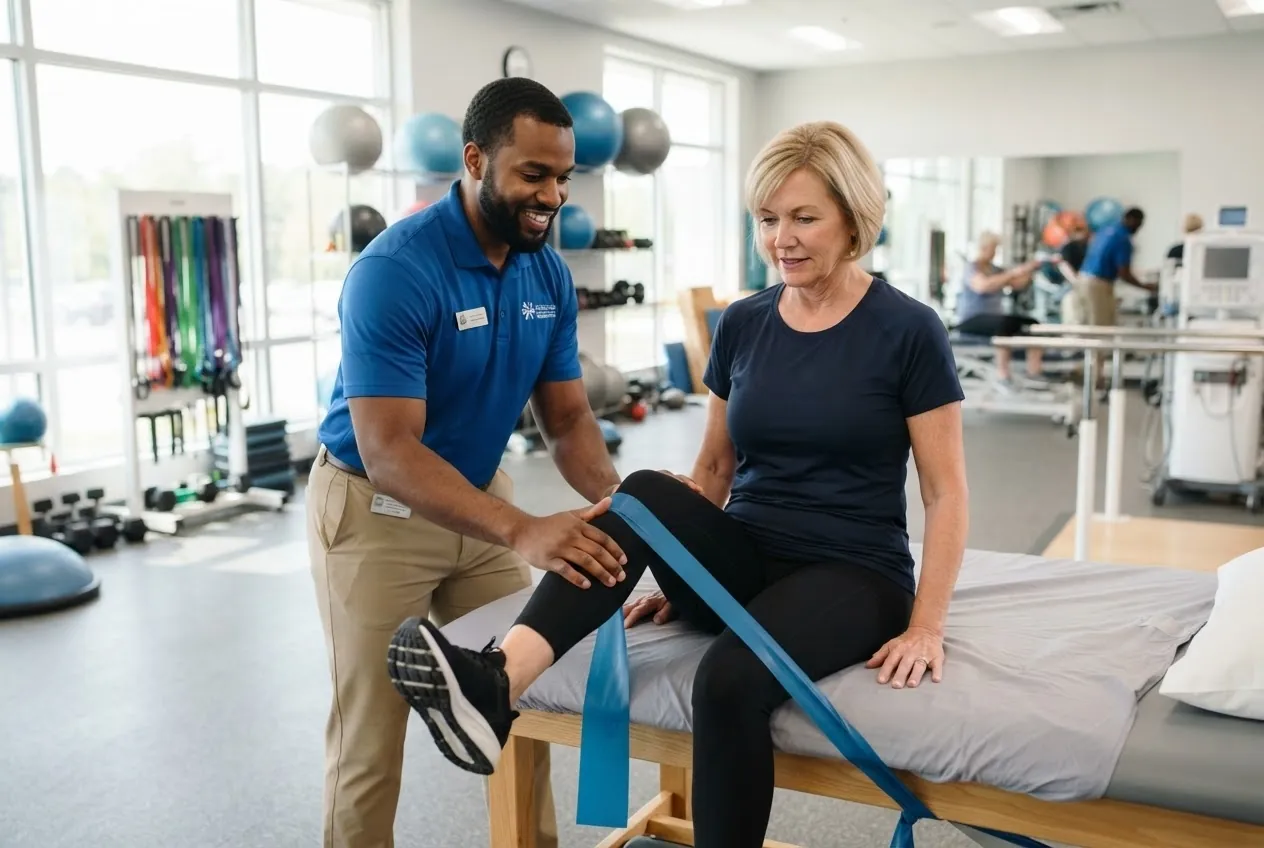 A physical therapist guides a patient through a knee rehabilitation exercise