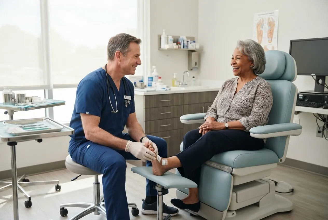 A podiatrist examines an older woman's foot in a bright clinic room