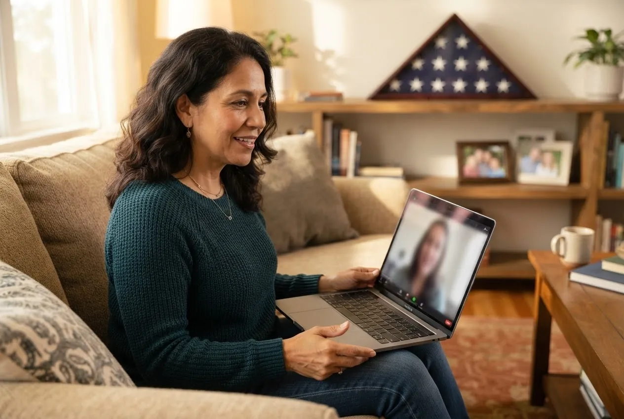 A woman talks with her therapist by video from her living room, a folded flag on the shelf behind her