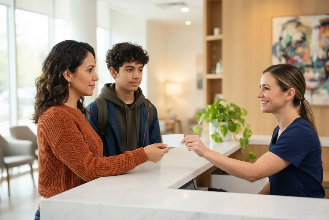 A mother hands her insurance card across a clinic front desk while her teenage son waits beside her