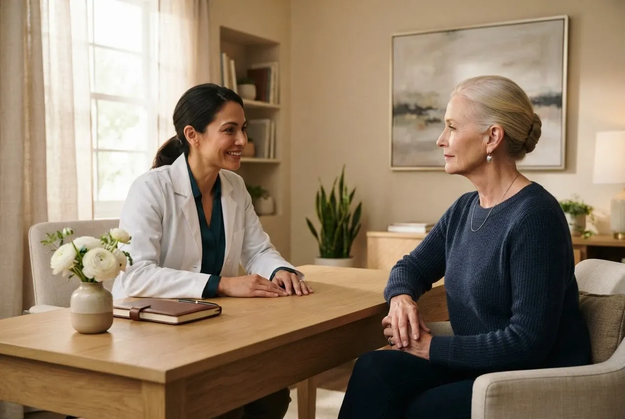 An older woman talks with her physician across a desk in a calm consultation room