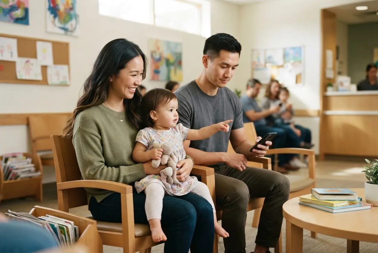 A young family waits together in a pediatric waiting room, the mother holding her toddler